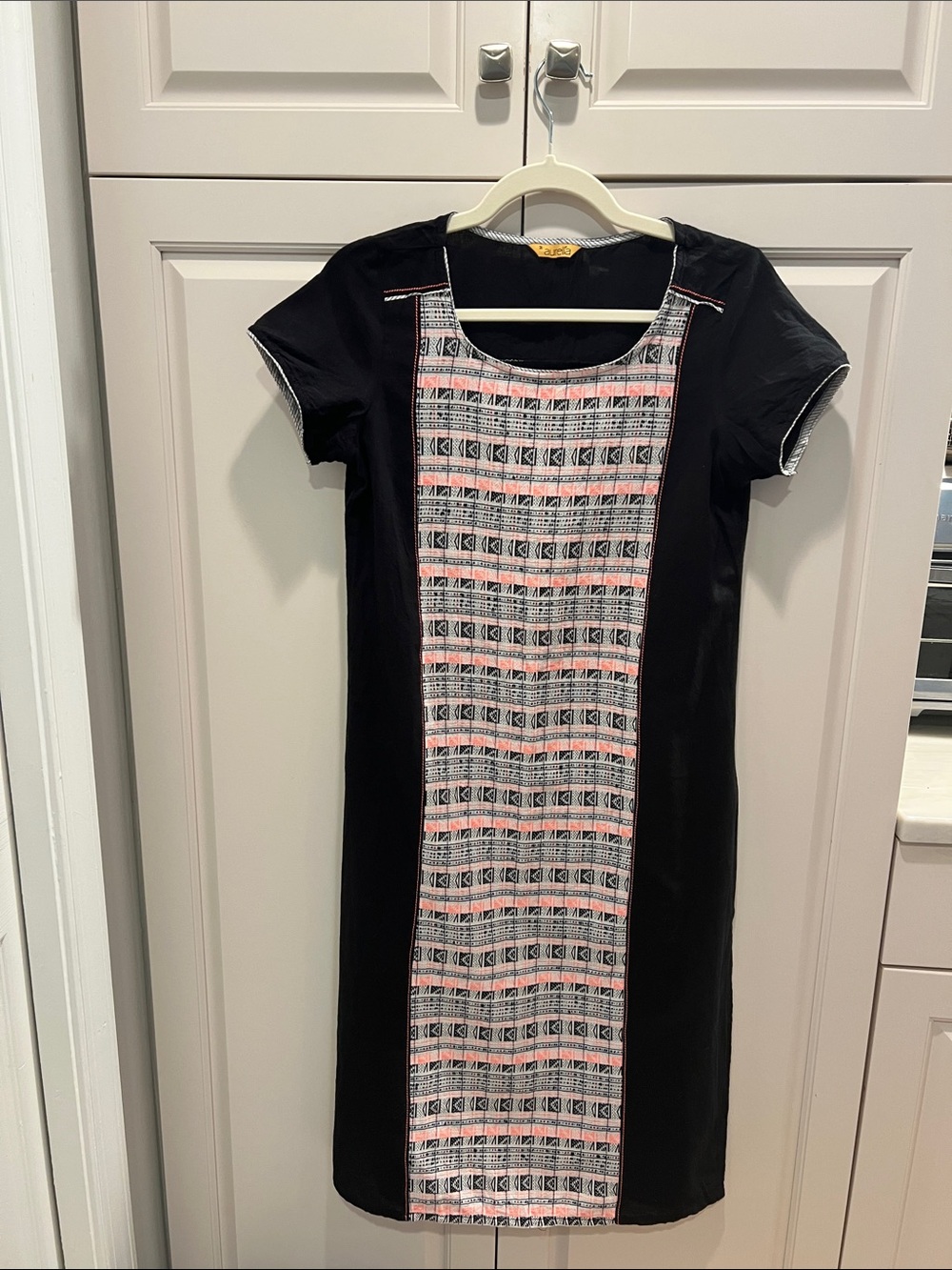 Aurelia Black Shift Dress with Pink & White Patterned Panel